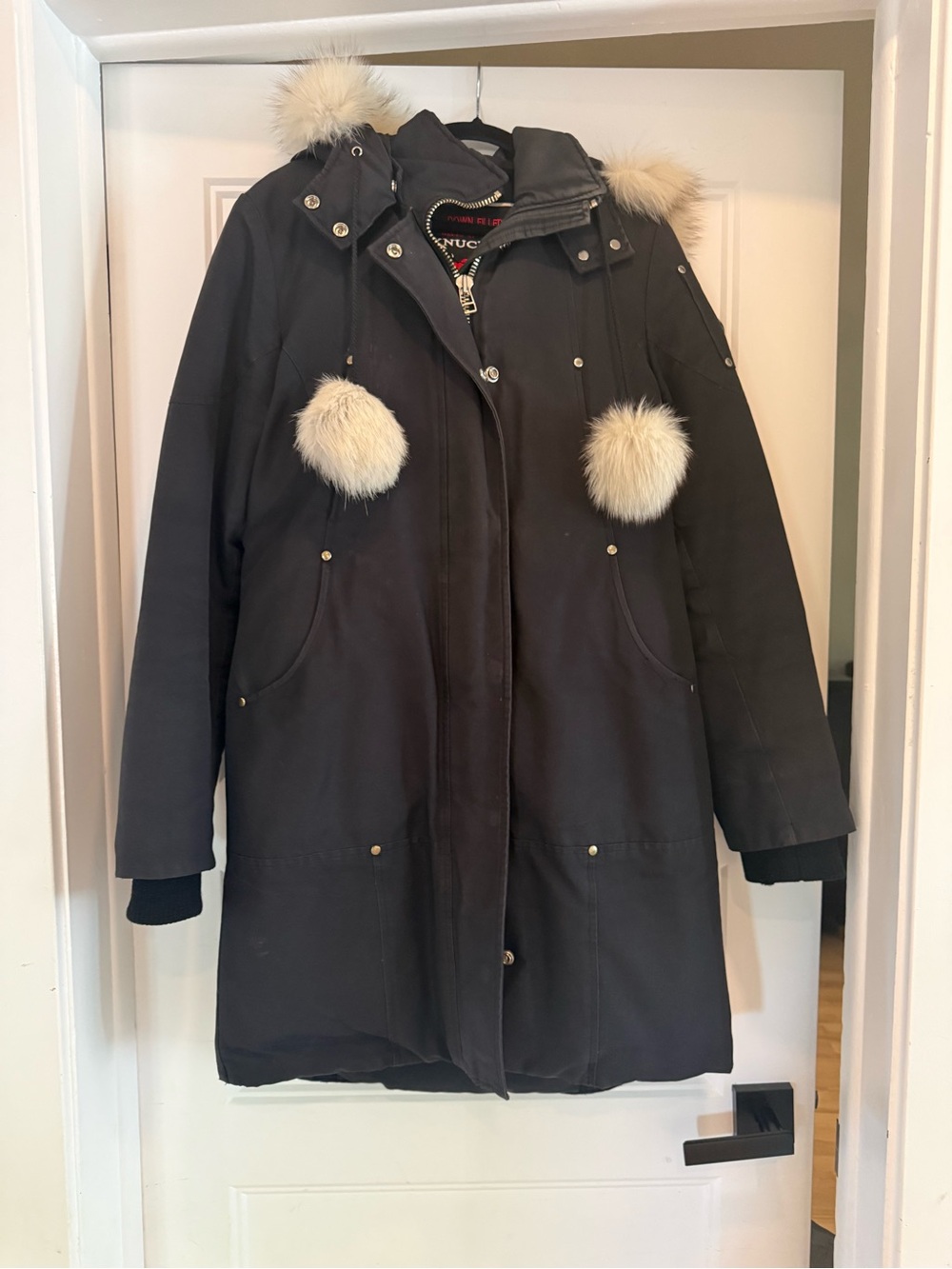 Moose Knuckles Black Parka with Cream Fur Pom-Poms